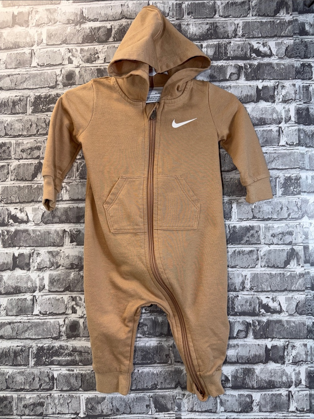 Nike Tan Hooded Baby One-Piece romper with White Swoosh